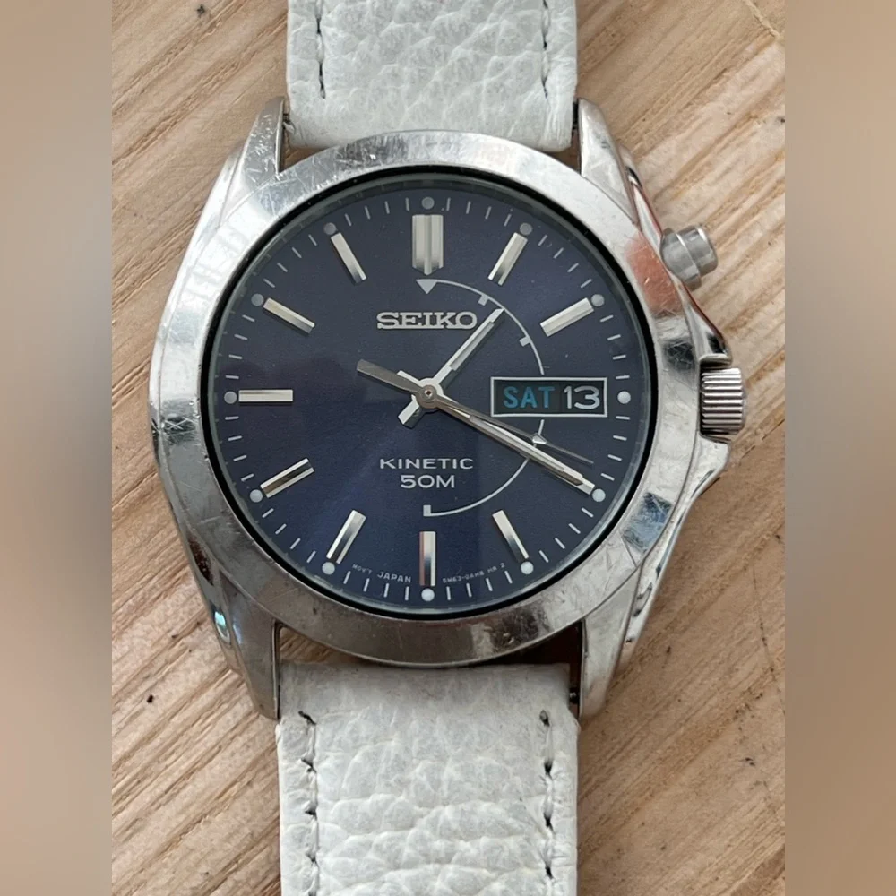 Seiko Kinetic Rare Automatic Men’s Watch Blue Dial White Leather Strap Date